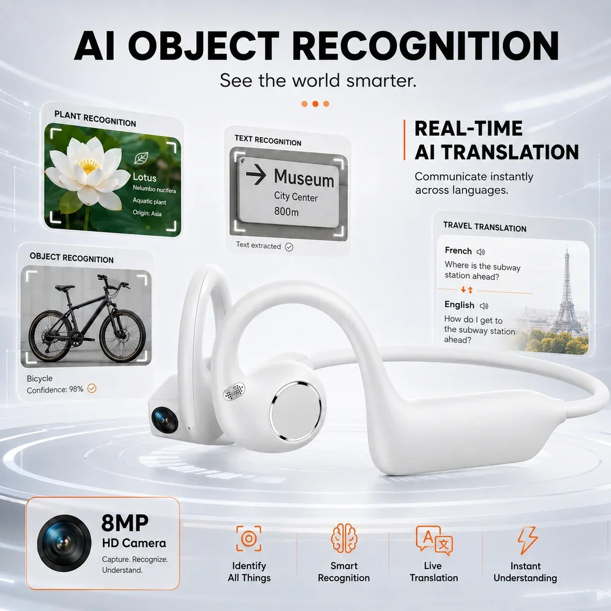 AI Smart Shooting Open Ear Headphones 8MP Camera EIS Anti‑shake Video Recording AI Translation Open‑ear Wireless Bluetooth Sport