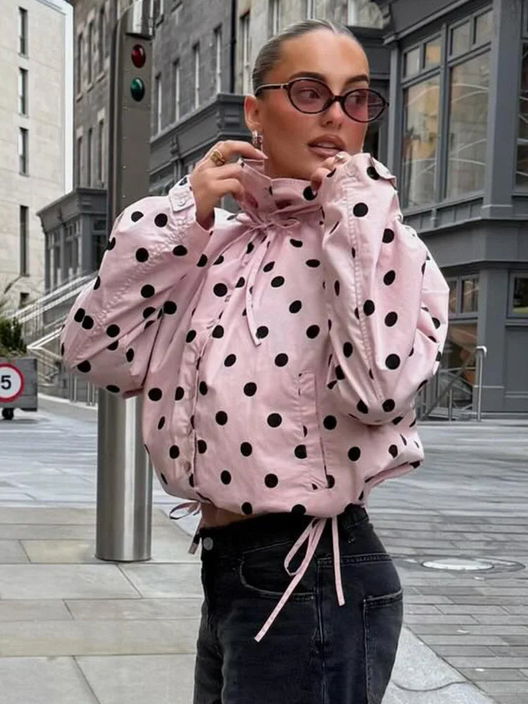 HH Spring Women Casual High Street Jacket Fashion Woman Long Sleeve Pink Polka Dot Jacket Single Breasted High Collar Short Coat