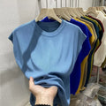 Women's T-shirt Summer O Neck Knitted Fashion Woman Blouse 2026 Short Sleeve Tees Solid Color Ice Silk Oversized T-shirt Women