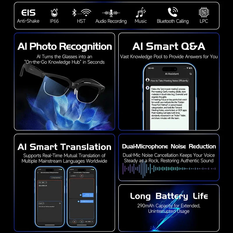 2026 New Smart Glasses with AI Intelligent Q&A Photography Recording Intelligent Translation 800W Camera Bluetooth Smart Glasses