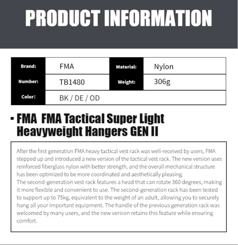 FMA Tactical Super Light Heavyweight Vest Hangers GEN II 360° Rotation TB1480