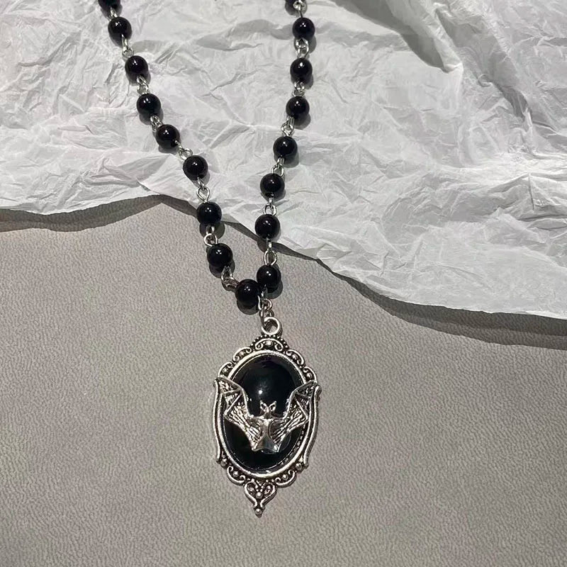 Halloween Vintage Gothic Bat Cross Dark Pendant Necklace Y2K Punk Thorn Love Black Bead Stacked Necklace Jewelry Gifts