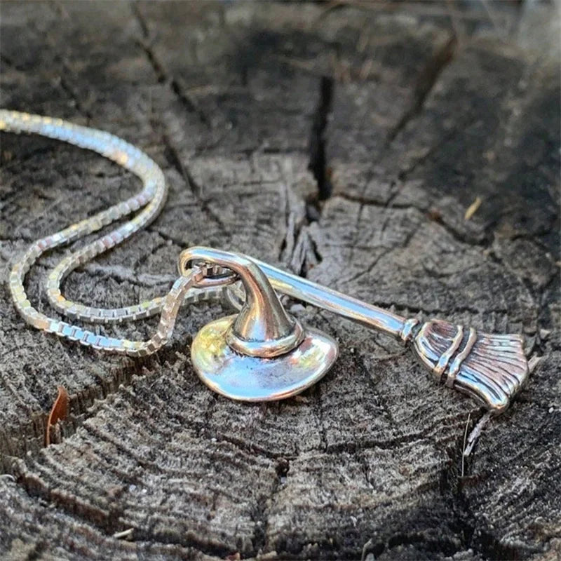Halloween Gothic Silver Plated Broom Hat Necklace Witch Themed Jewelry for Women Men Spooky Coven Accessory Giftfor Parties