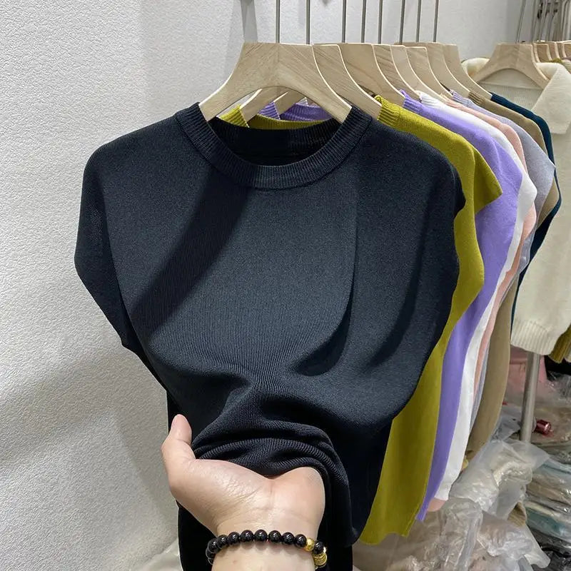 Women's T-shirt Summer O Neck Knitted Fashion Woman Blouse 2026 Short Sleeve Tees Solid Color Ice Silk Oversized T-shirt Women