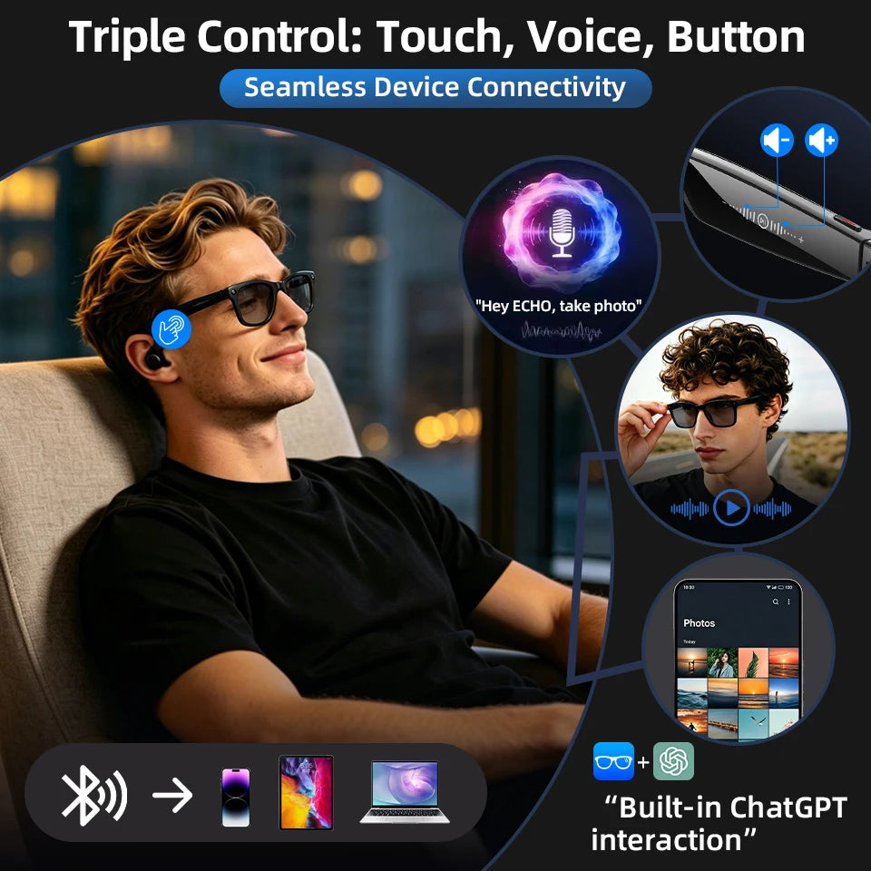LIGE New AI Smart Glasses 1300W Pixel Camera 4K Video AI Translation Music Player BT Call Waterproof Color Change Sunglasses Men