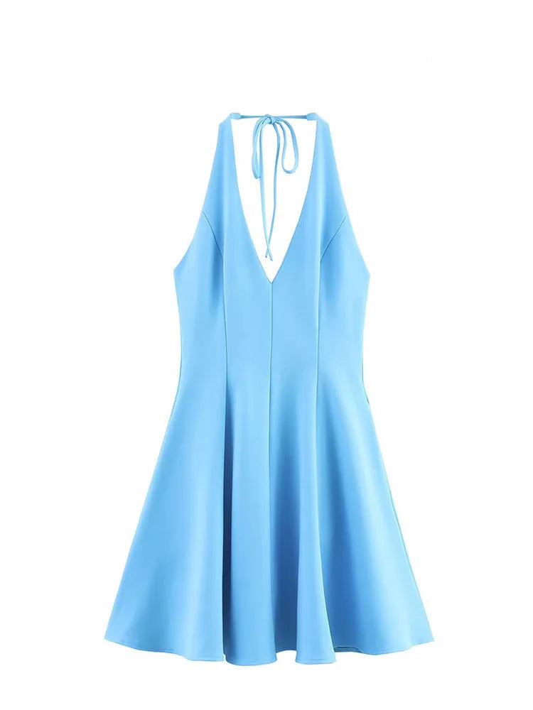 HH Women Summer Sexy V-Neck Sleeveless Backless Party Dress New Fashion Woman Solid Rear Zipper Pleated Short Dress Mujer