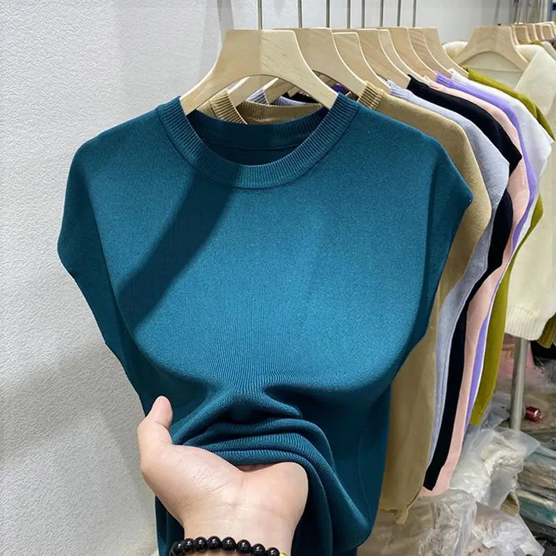 Women's T-shirt Summer O Neck Knitted Fashion Woman Blouse 2026 Short Sleeve Tees Solid Color Ice Silk Oversized T-shirt Women