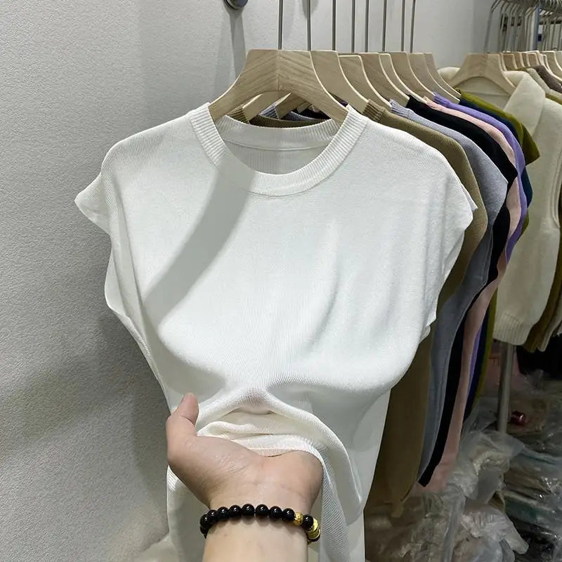Women's T-shirt Summer O Neck Knitted Fashion Woman Blouse 2026 Short Sleeve Tees Solid Color Ice Silk Oversized T-shirt Women