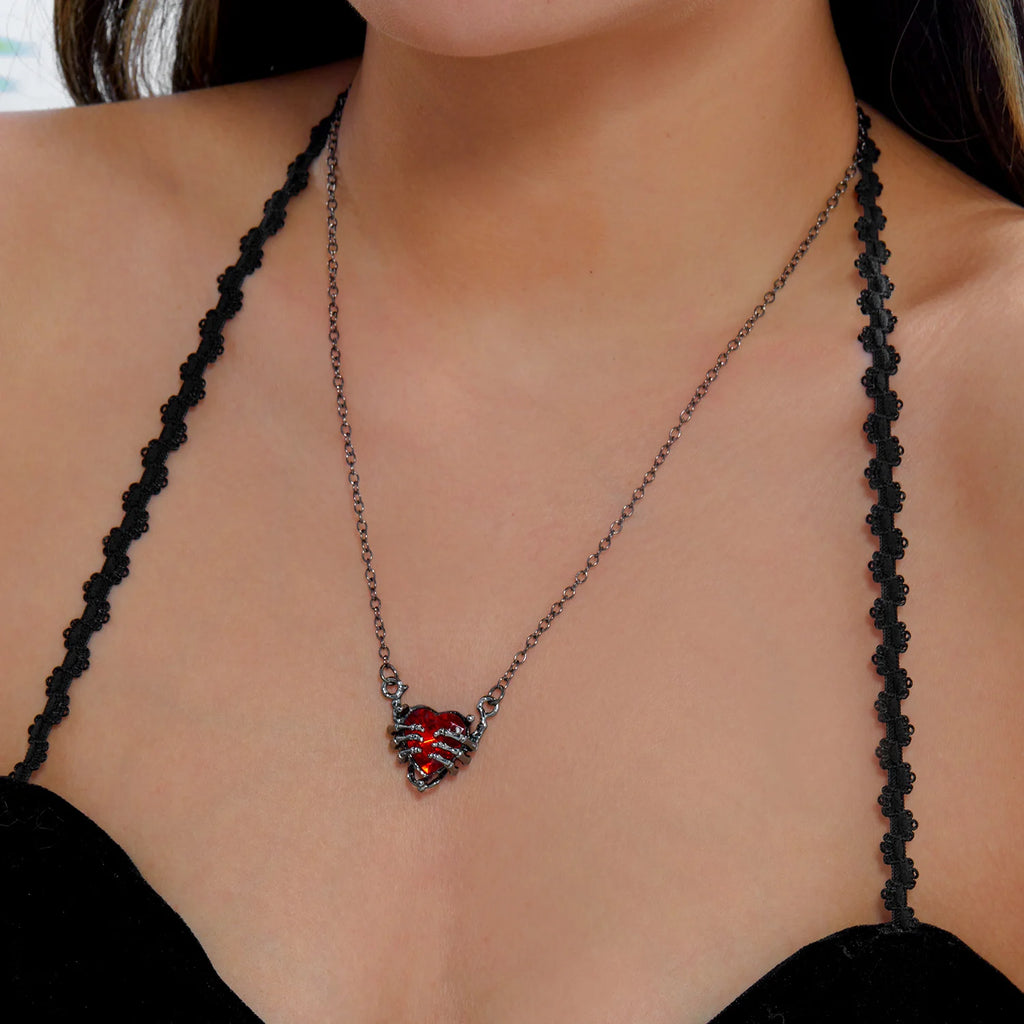 Halloween Skull Hand Jewelry Set for Women Black Red Crystal Heart Necklace Stud Earrings Gothic Party Accessories Jewelry Gift