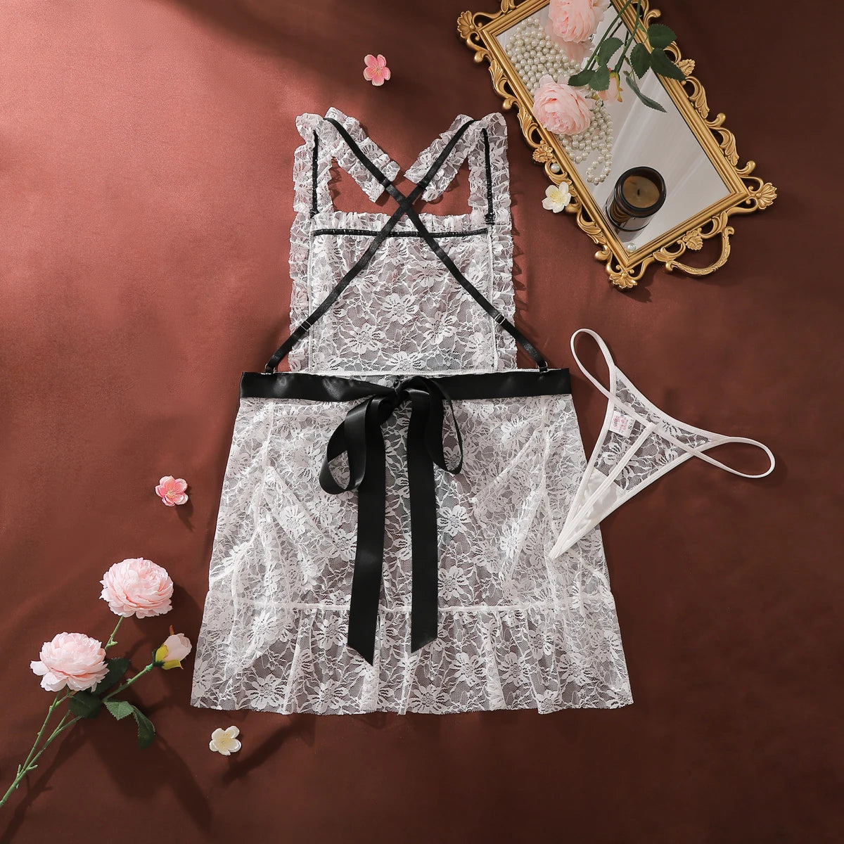 French Fashion Contrasting Heavy Industry Floral Square Collar Hollowed Out Perspective Lace Shapewear Suspender Maid Dress