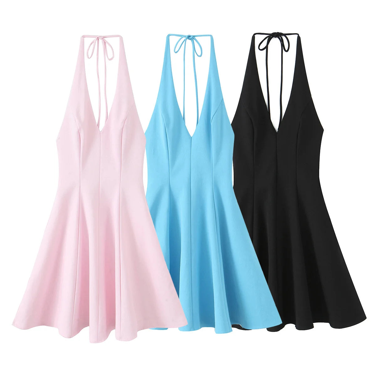 HH Women Summer Sexy V-Neck Sleeveless Backless Party Dress New Fashion Woman Solid Rear Zipper Pleated Short Dress Mujer
