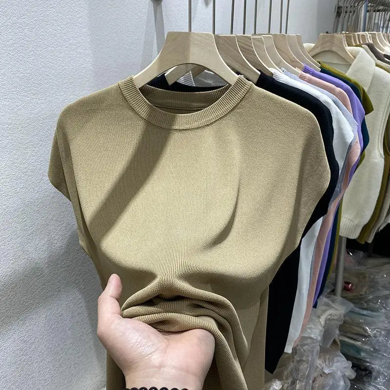 Women's T-shirt Summer O Neck Knitted Fashion Woman Blouse 2026 Short Sleeve Tees Solid Color Ice Silk Oversized T-shirt Women
