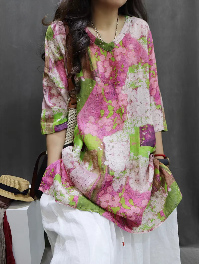 THHONE Fashion Woman Blouse Cotton Linen Casual Blusa Mujer Camisas Women's Clothing Summer Print Loose V-Neck Vintage Shirts