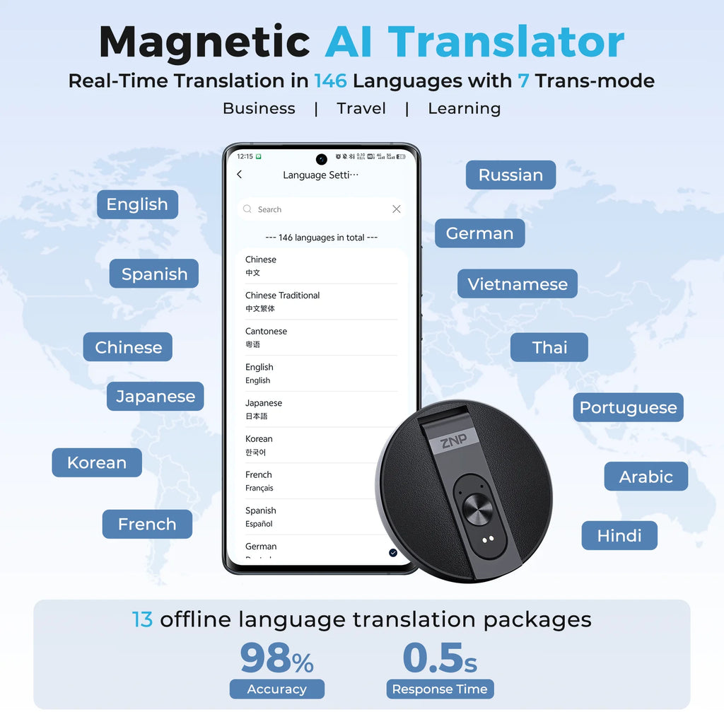 ZNP Magnetic Ultra-thin AI Voice Translator Wireless Bluetooth Portable Foldable Phone Stand 50 Hrs Playback Supports Offline