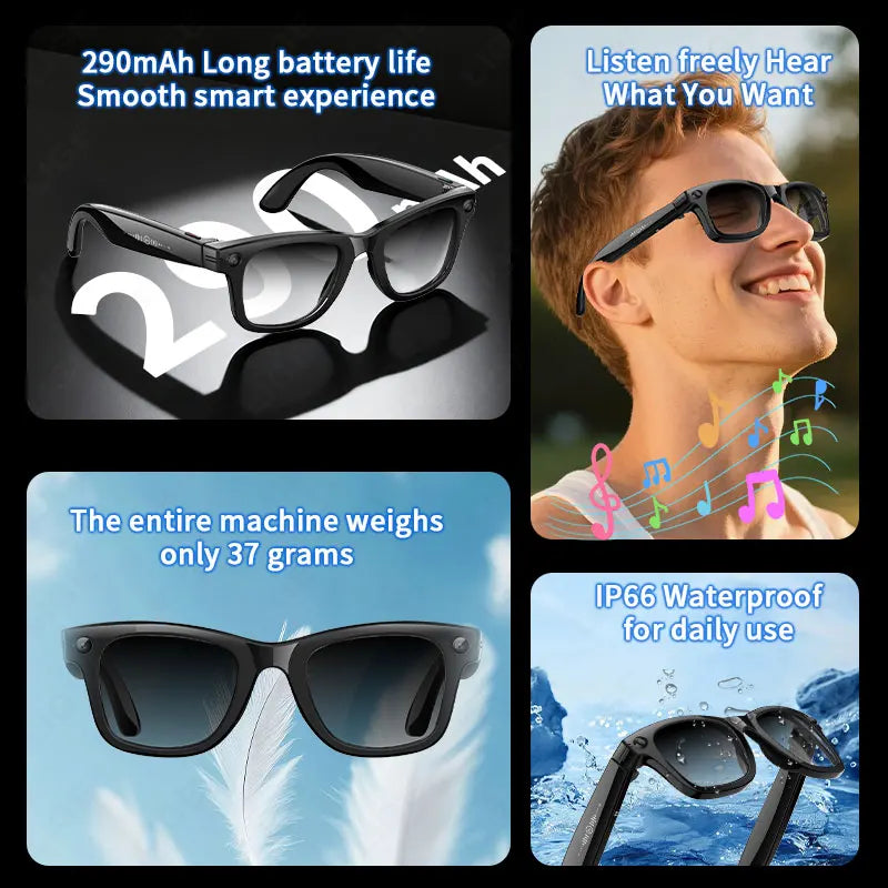 AI 5 Million Pixels Smart Glasses Recording Videos Photo Recognition Answer Translation 290mAh IP66 Waterproof Bluetooth Glasses