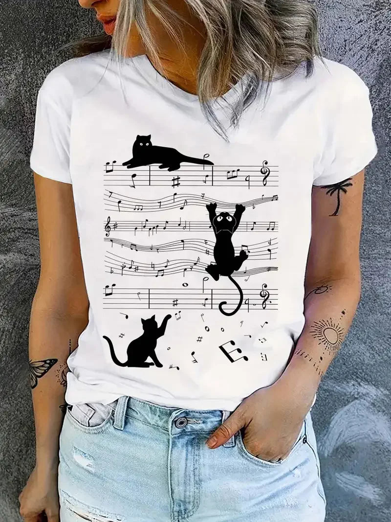 Fashion Funny Music Cat Design Print Short Sleeve Printed T Shirt  Clothing Women's T-Shirt Clothing Women's Top Tee