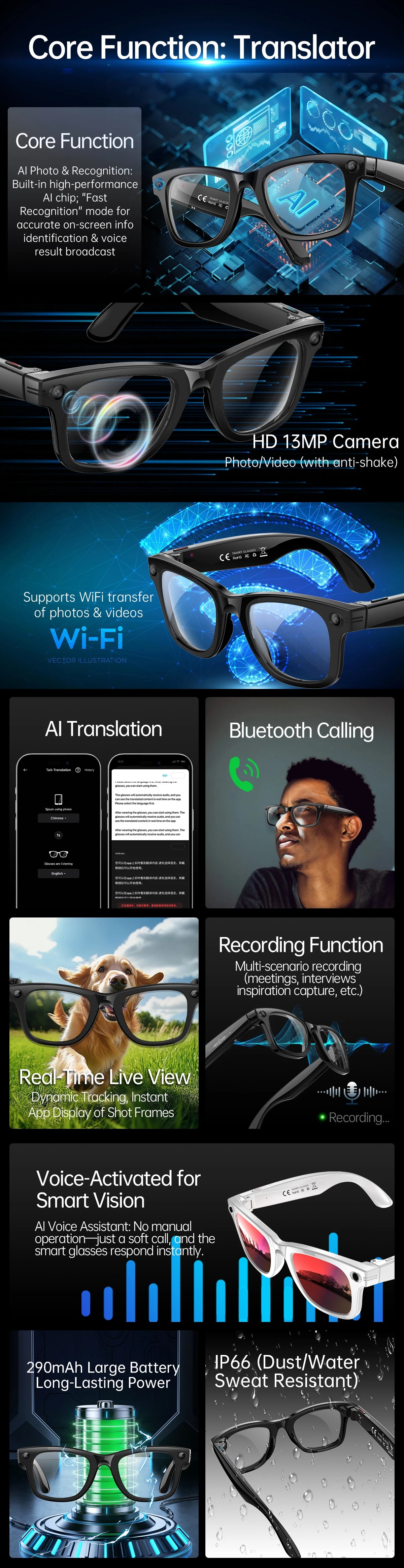 LIGE New AI Smart Glasses 1300W Pixel Camera 4K Video AI Translation Music Player BT Call Waterproof Color Change Sunglasses Men