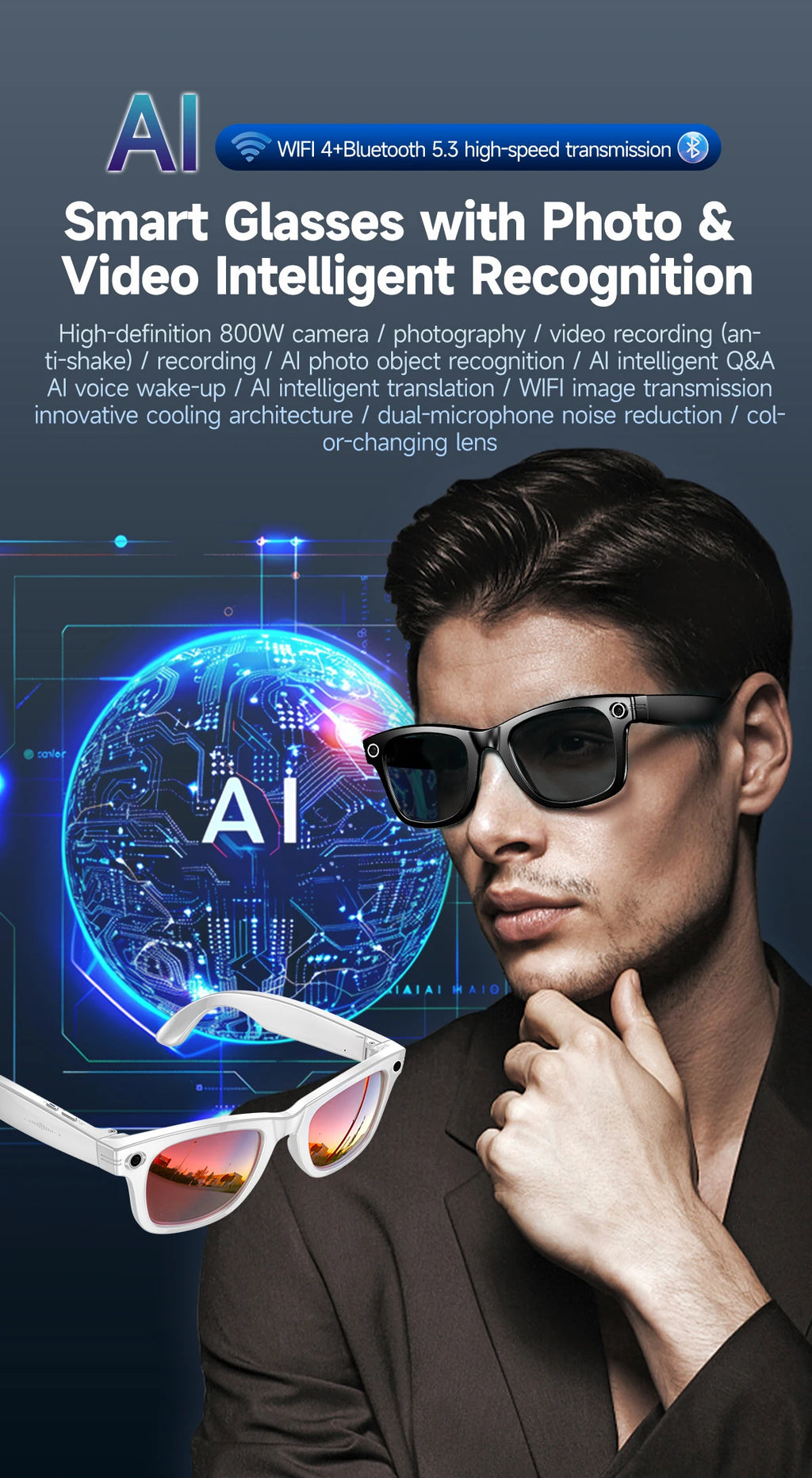 AI Smart Glasses with 8MP Camera Video Recording 100+ Languages Translation Sunglasses Bluetooth Call Music Play Men Women 2026