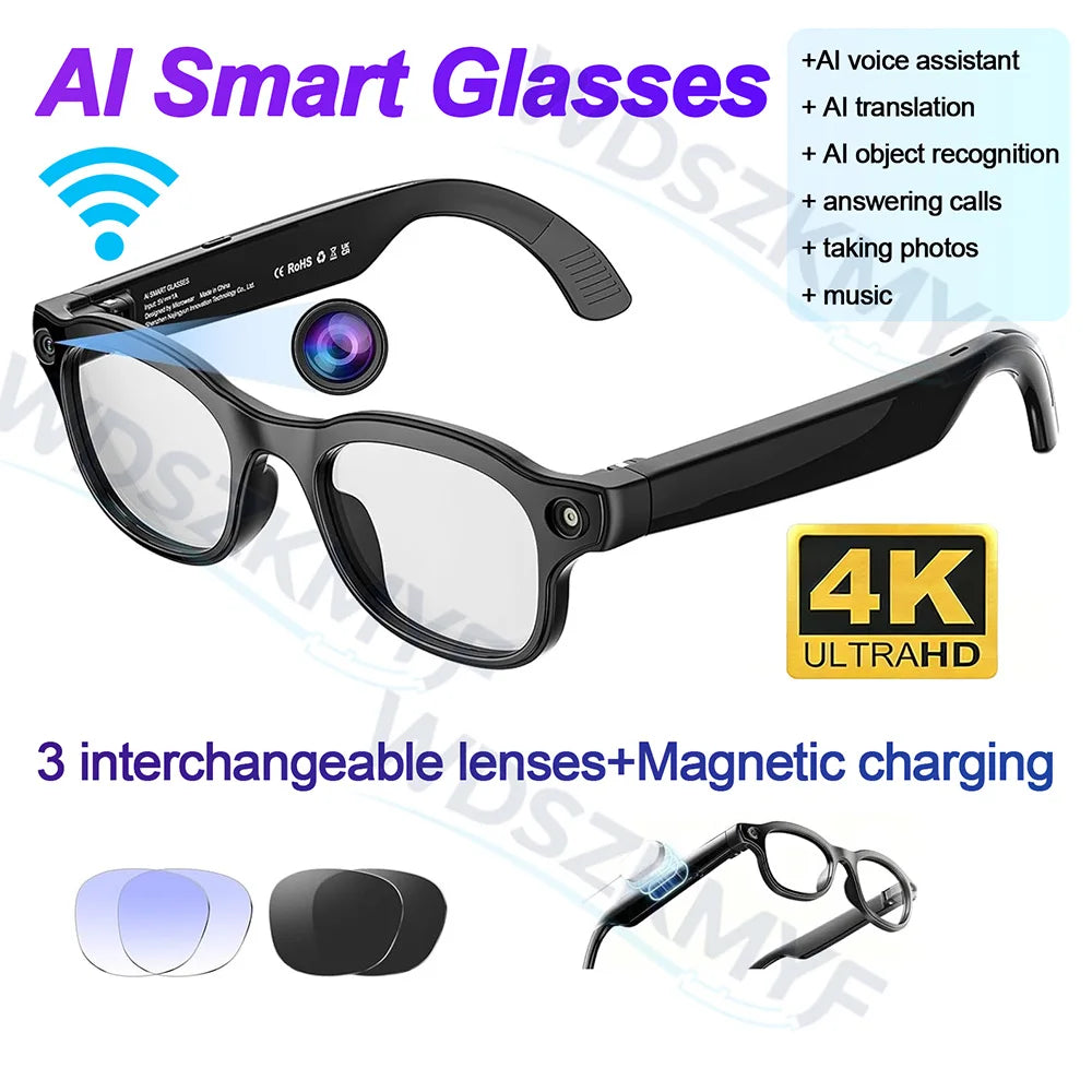 2026New AI Smart Glasses 3Lens 13MP Camera 4K Video Recording 100+ AI Languages Translation Sunglasses Bluetooth Call Music Play