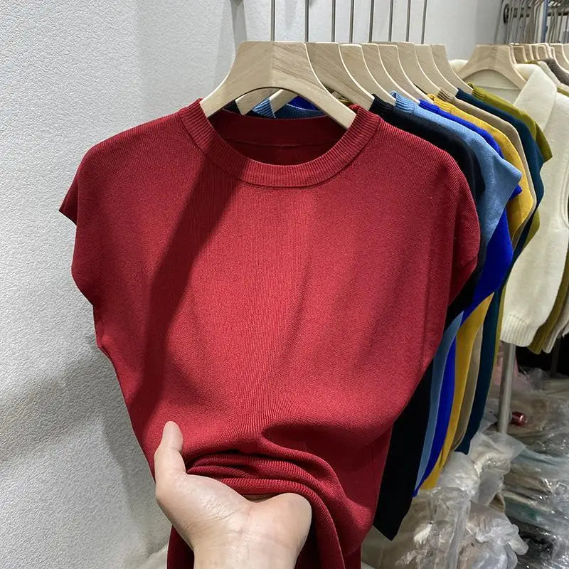 Women's T-shirt Summer O Neck Knitted Fashion Woman Blouse 2026 Short Sleeve Tees Solid Color Ice Silk Oversized T-shirt Women