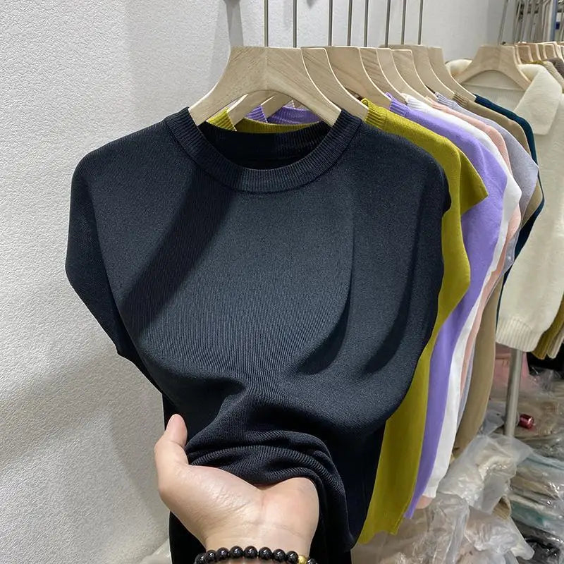 Women's T-shirt Summer O Neck Knitted Fashion Woman Blouse 2026 Short Sleeve Tees Solid Color Ice Silk Oversized T-shirt Women