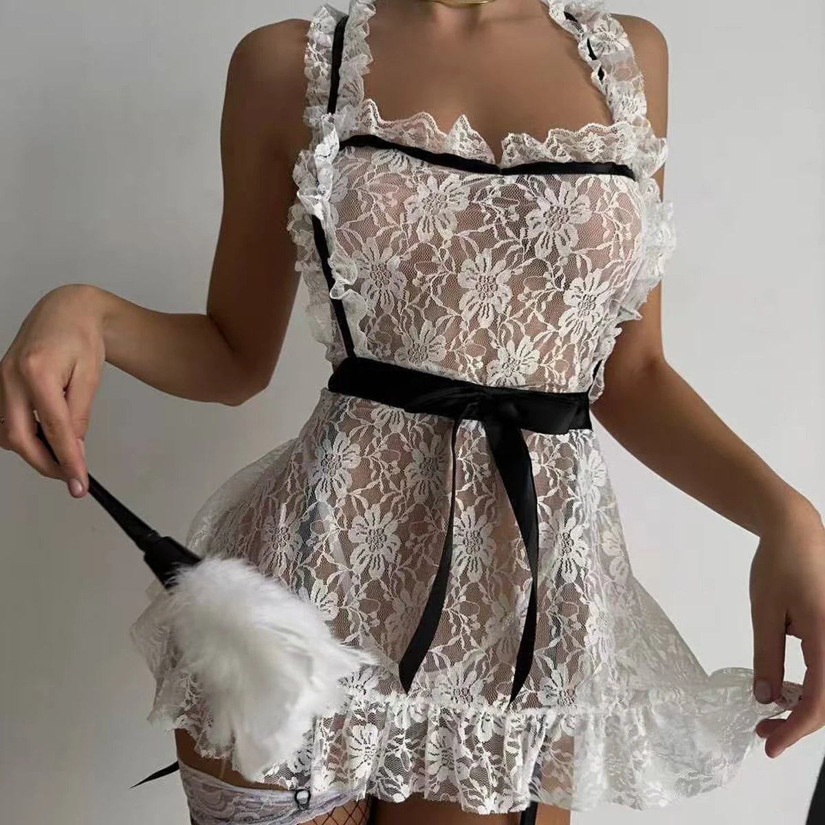 French Fashion Contrasting Heavy Industry Floral Square Collar Hollowed Out Perspective Lace Shapewear Suspender Maid Dress