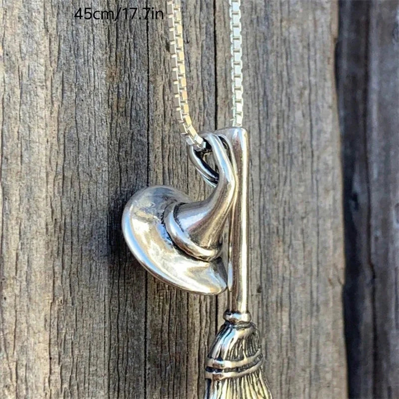 Halloween Gothic Silver Plated Broom Hat Necklace Witch Themed Jewelry for Women Men Spooky Coven Accessory Giftfor Parties