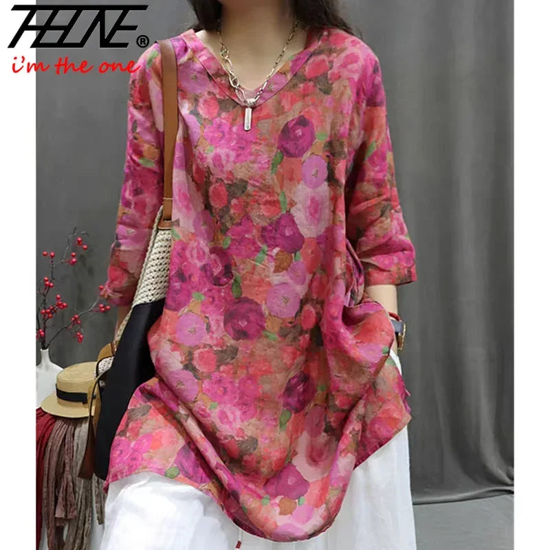 THHONE Fashion Woman Blouse Cotton Linen Casual Blusa Mujer Camisas Women's Clothing Summer Print Loose V-Neck Vintage Shirts