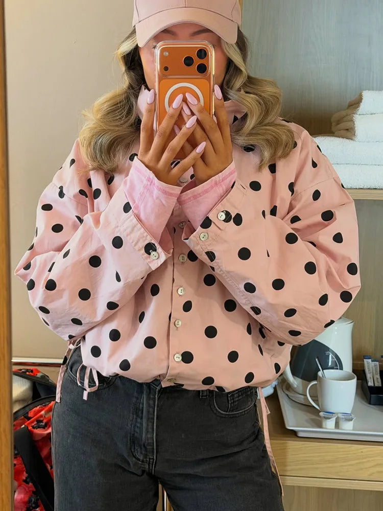 HH Spring Women Casual High Street Jacket Fashion Woman Long Sleeve Pink Polka Dot Jacket Single Breasted High Collar Short Coat