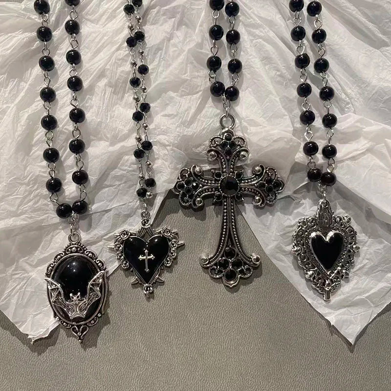 Halloween Vintage Gothic Bat Cross Dark Pendant Necklace Y2K Punk Thorn Love Black Bead Stacked Necklace Jewelry Gifts