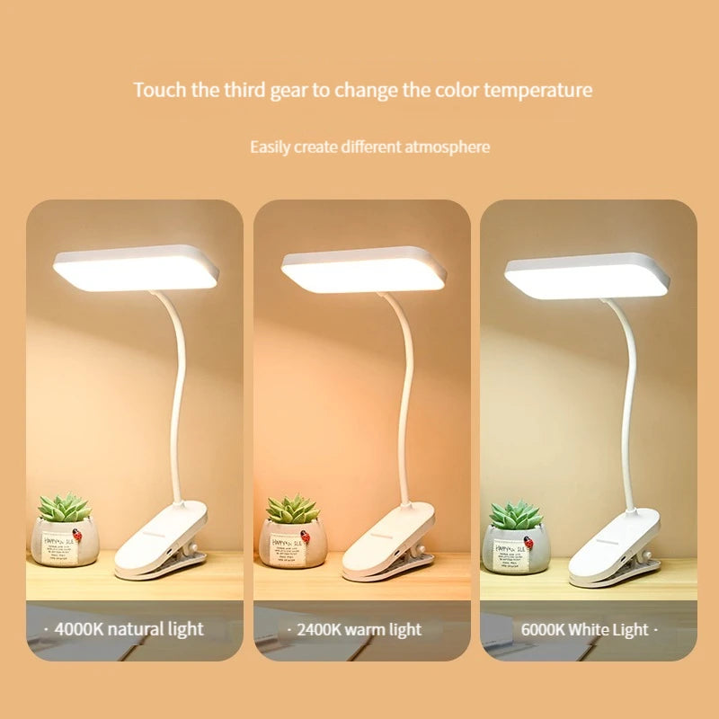 LED Clip-On Desk Lamp With Eye Care,360° Flexible,USB Rechargeable & Plug-in Dimmable LED Night Desk Lamp for Bedroom Study Read