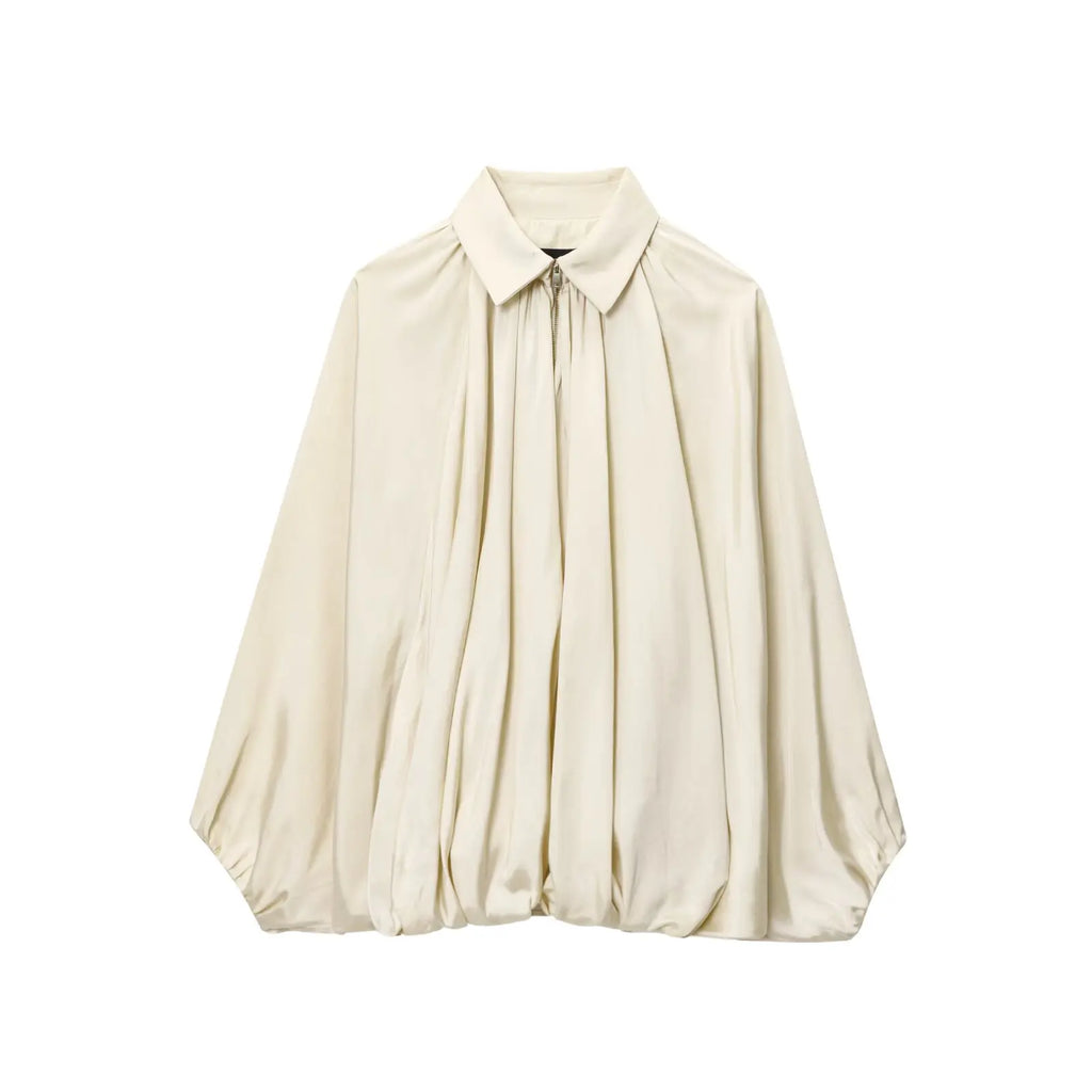 HH 2025 Fashion Woman Casual Zipper Design Solid Coat Spring Women Lapel Bat Sleeve Pleated Design Loose Jacket Top Mujer