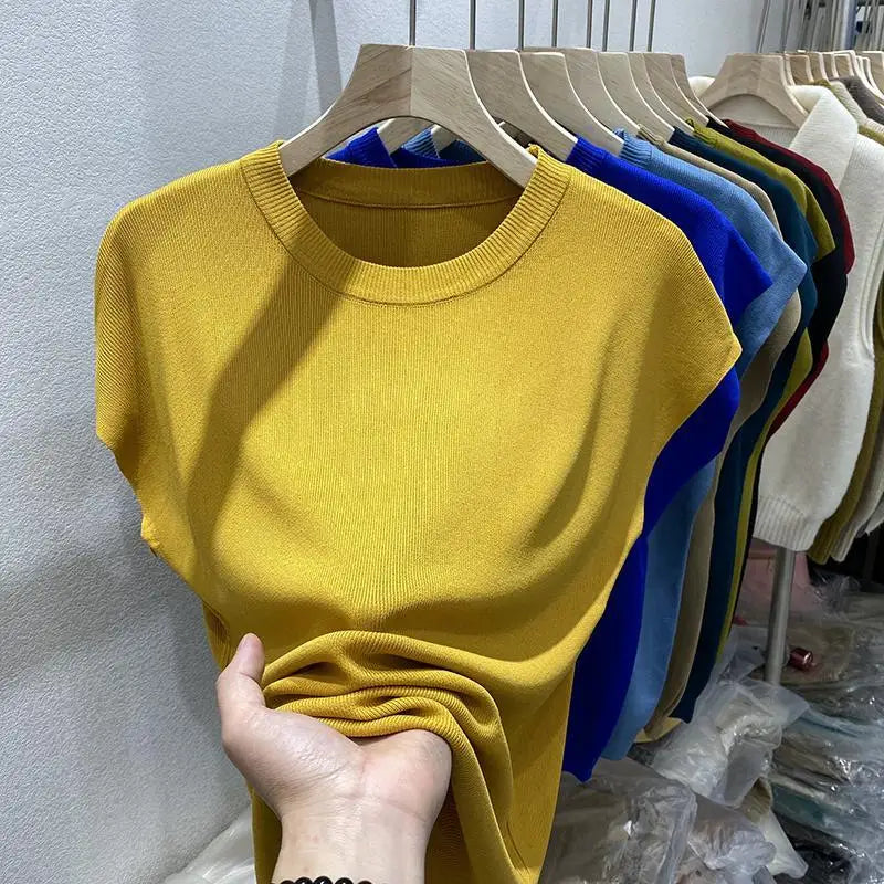 Women's T-shirt Summer O Neck Knitted Fashion Woman Blouse 2026 Short Sleeve Tees Solid Color Ice Silk Oversized T-shirt Women
