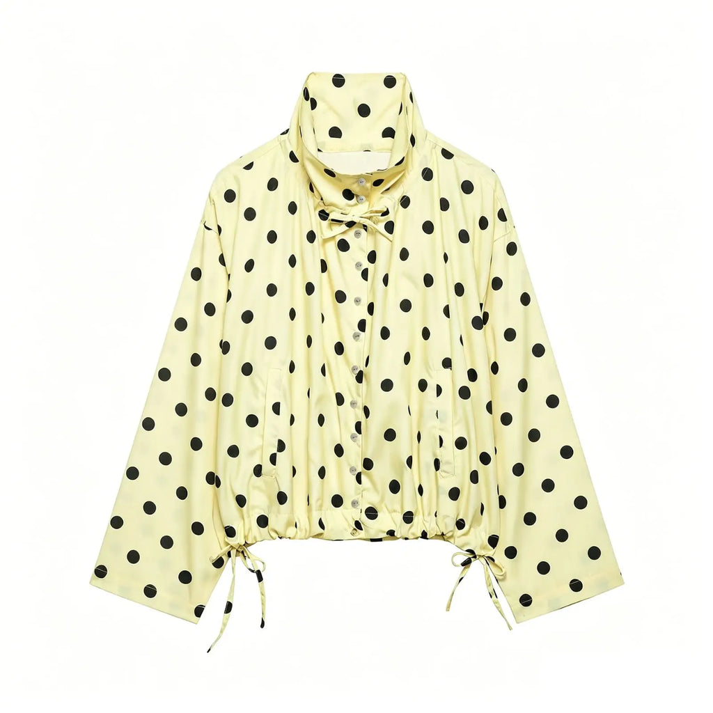 HH Spring Women Casual High Street Jacket Fashion Woman Long Sleeve Pink Polka Dot Jacket Single Breasted High Collar Short Coat