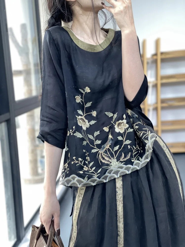 THHONE Summer Fashion Woman Tees 2025 Floral O-Neck T Shirt Tops Casual Vintage Patchwork Loose Embroidery Camisetas Top Mujer