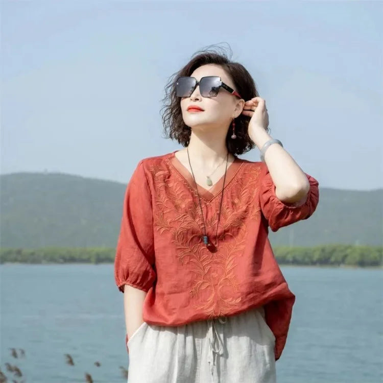 THHOEN Plus Size Fashion Woman Blouse Cotton Linen Casual Blusa Mujer Camisas Women's Clothing Summer Embroidery V-Neck Vintage