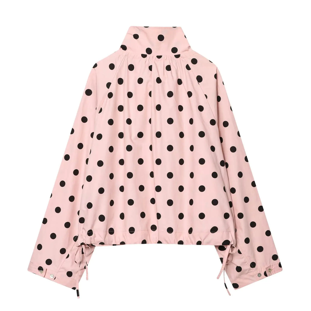 HH Spring Women Casual High Street Jacket Fashion Woman Long Sleeve Pink Polka Dot Jacket Single Breasted High Collar Short Coat