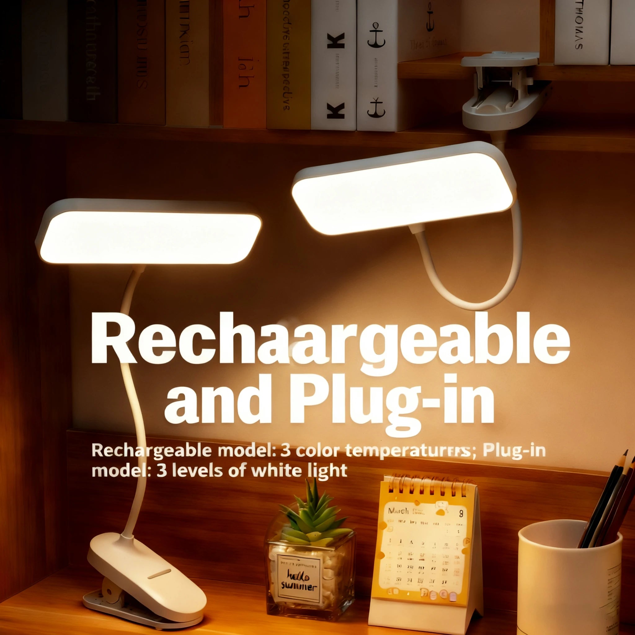 LED Clip-On Desk Lamp With Eye Care,360° Flexible,USB Rechargeable & Plug-in Dimmable LED Night Desk Lamp for Bedroom Study Read