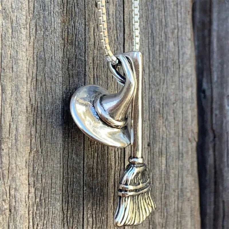 Halloween Gothic Silver Plated Broom Hat Necklace Witch Themed Jewelry for Women Men Spooky Coven Accessory Giftfor Parties