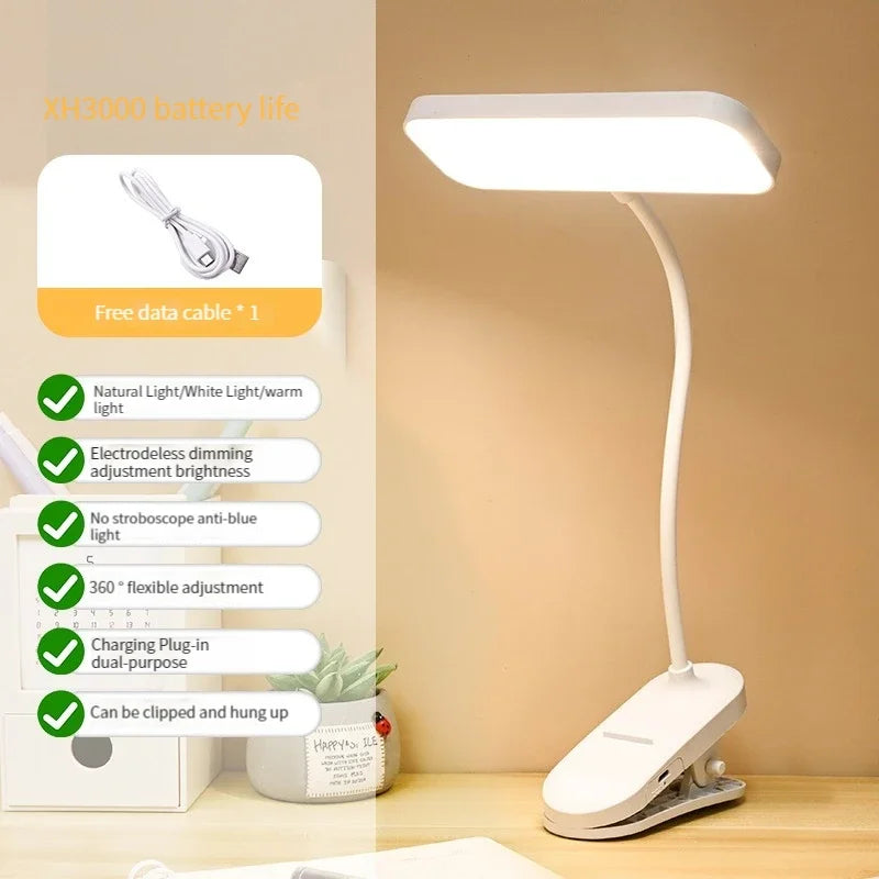 LED Clip-On Desk Lamp With Eye Care,360° Flexible,USB Rechargeable & Plug-in Dimmable LED Night Desk Lamp for Bedroom Study Read
