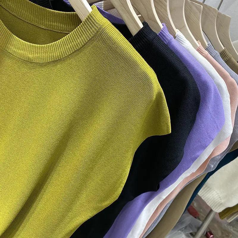 Women's T-shirt Summer O Neck Knitted Fashion Woman Blouse 2026 Short Sleeve Tees Solid Color Ice Silk Oversized T-shirt Women