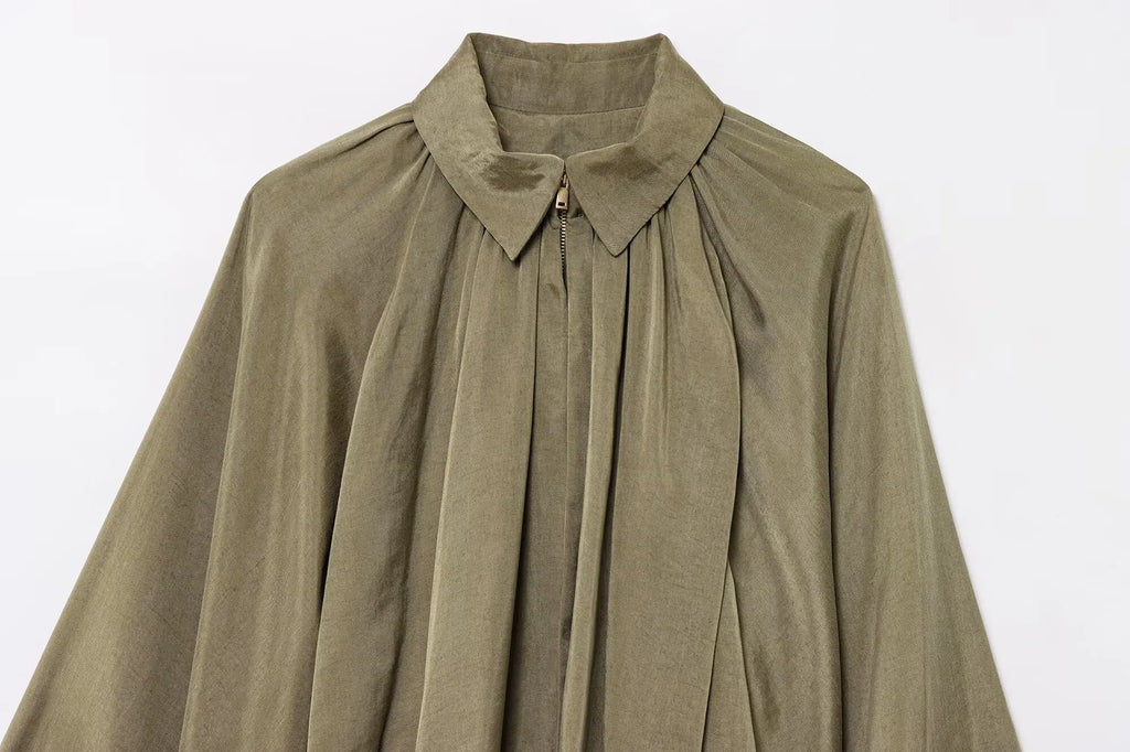 HH 2025 Fashion Woman Casual Zipper Design Solid Coat Spring Women Lapel Bat Sleeve Pleated Design Loose Jacket Top Mujer