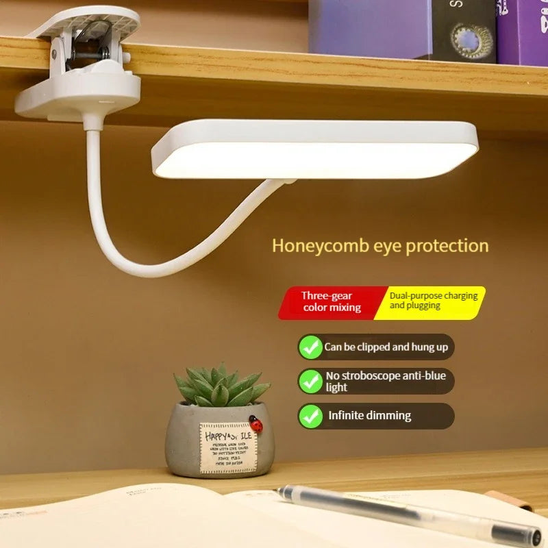LED Clip-On Desk Lamp With Eye Care,360° Flexible,USB Rechargeable & Plug-in Dimmable LED Night Desk Lamp for Bedroom Study Read