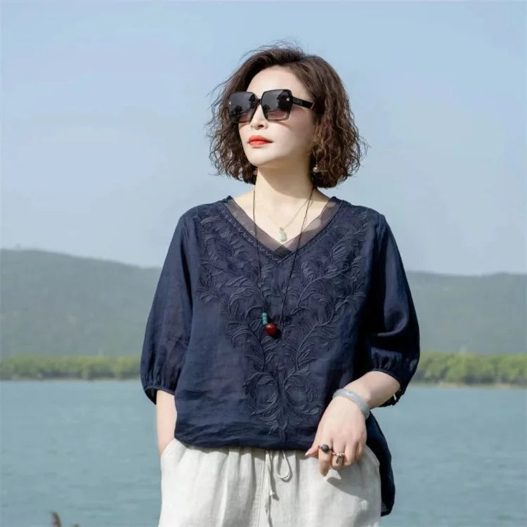 THHOEN Plus Size Fashion Woman Blouse Cotton Linen Casual Blusa Mujer Camisas Women's Clothing Summer Embroidery V-Neck Vintage
