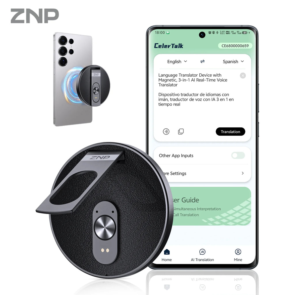 ZNP Magnetic Ultra-thin AI Voice Translator Wireless Bluetooth Portable Foldable Phone Stand 50 Hrs Playback Supports Offline