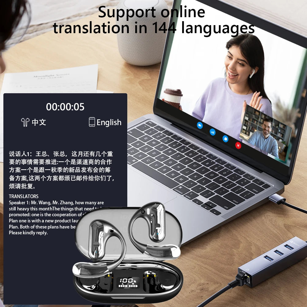 144 Languages AI Translator Earbuds Noise Cancelling Stereo Earhook Sports Headphone Translation Device for Travel and Business