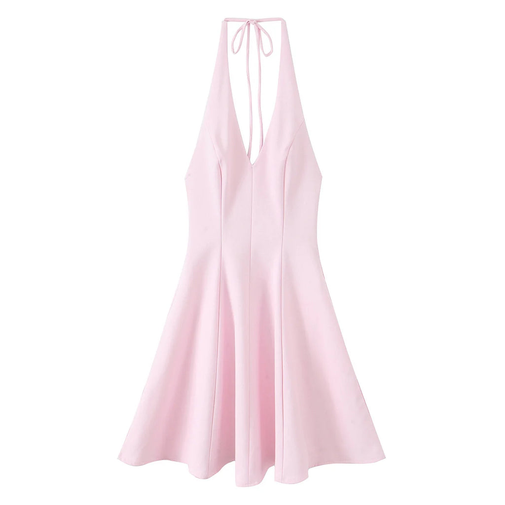 HH Women Summer Sexy V-Neck Sleeveless Backless Party Dress New Fashion Woman Solid Rear Zipper Pleated Short Dress Mujer