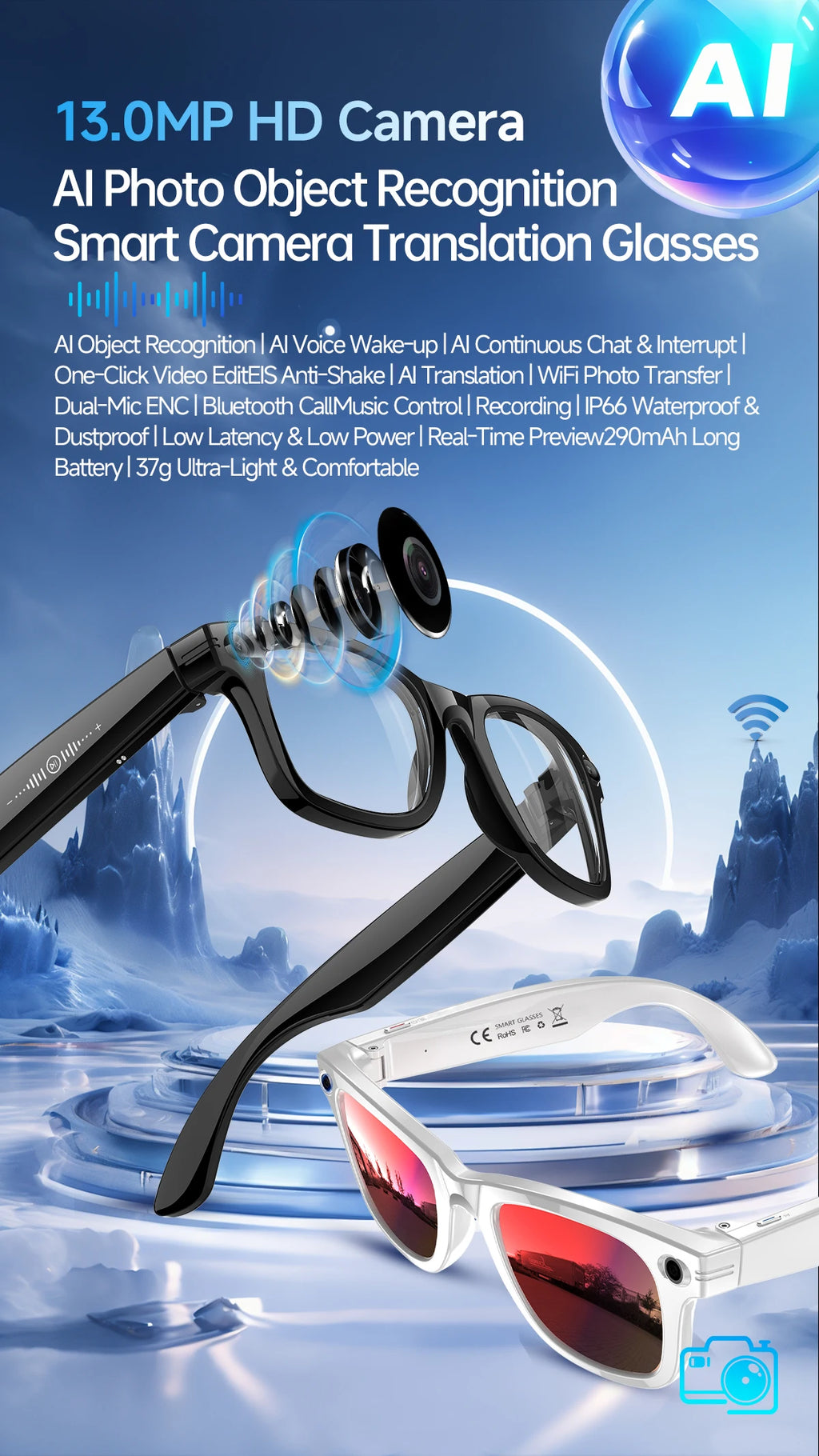 LIGE New AI Smart Glasses 1300W Pixel Camera 4K Video AI Translation Music Player BT Call Waterproof Color Change Sunglasses Men
