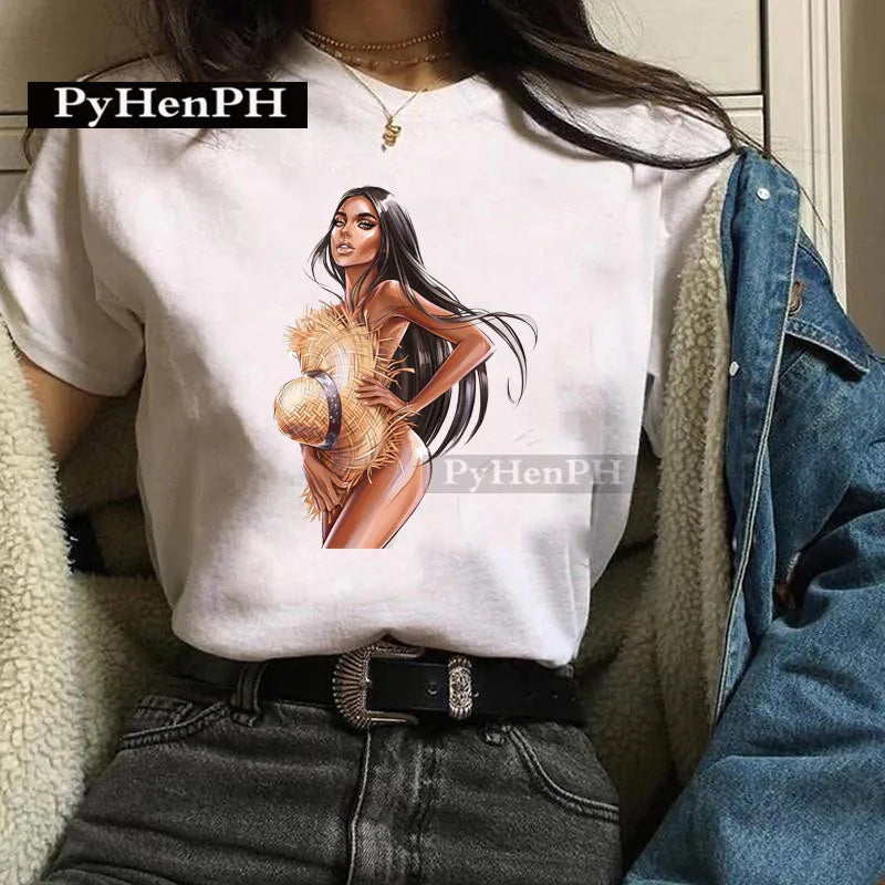 Fashion Girl T Shirt  A Stylish European and American Style Printed T-shirt Is A Great Summer Casual Friend for Women