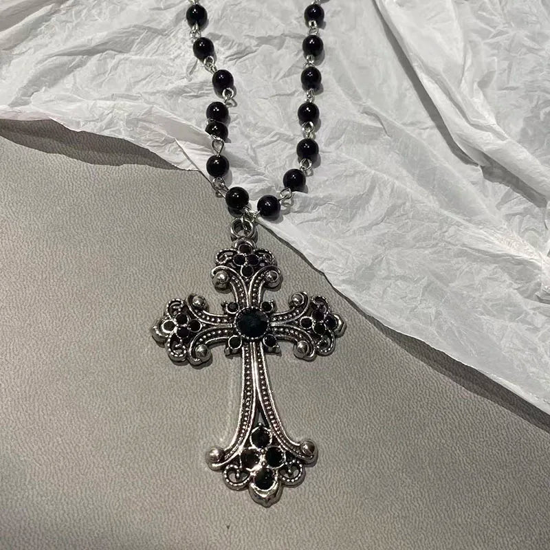 Halloween Vintage Gothic Bat Cross Dark Pendant Necklace Y2K Punk Thorn Love Black Bead Stacked Necklace Jewelry Gifts